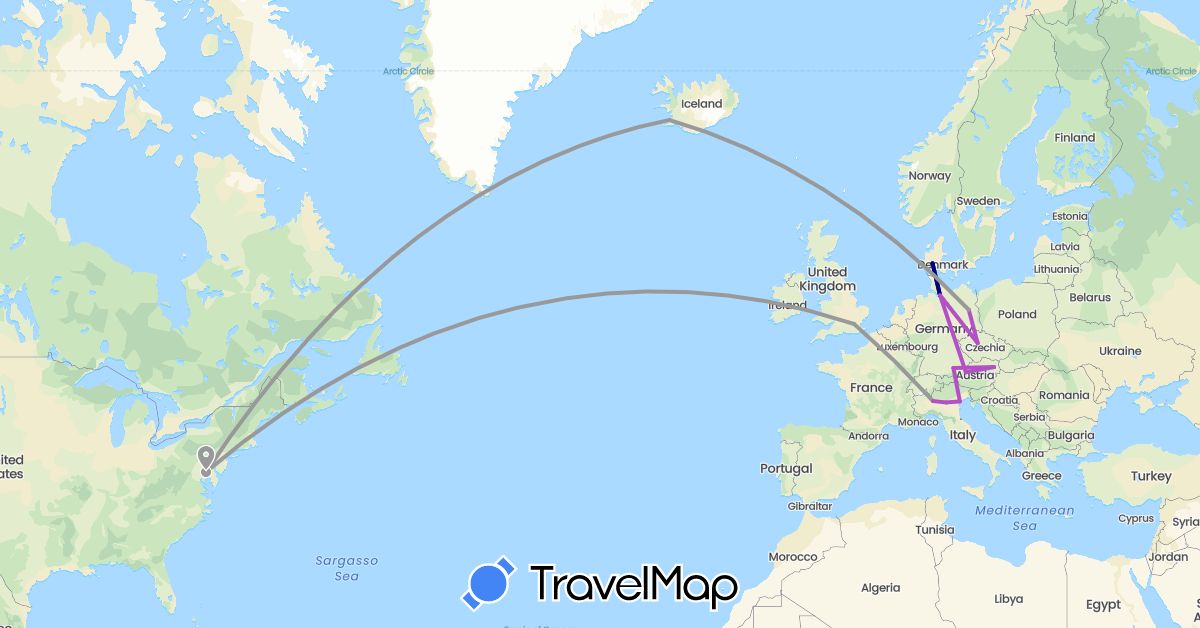 TravelMap itinerary: driving, plane, train in Austria, Czech Republic, Germany, Denmark, United Kingdom, Iceland, Italy, United States (Europe, North America)